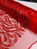 Floral Beaded Wavy Fabric - Red - Beaded Sequins Wavy Embroidered Fabric Sold By Yard