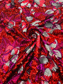 Orchid Design Sequins - Red - 4 Way Stretch Full Sequins Floral Design Mesh Fabric By Yard