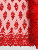 Floral Bead Embroidery Fabric - Red - Damask Floral Bead Bridal Lace Fabric by the yard
