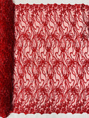 Small Flower Bead Fabric - Red - Beaded Flower Fabric with Curled Lines Design By Yard