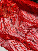 Wavy Design Beaded Fabric - Red - Beaded Wavy Leaf Embroidered Fabric By Yard