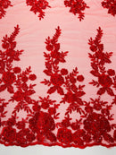 Beaded Rose Flower Fabric - Red - Embroidered Beaded Long Border Floral Fabric By Yard