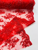 Beaded Flower Sequins Fabric - Red - Embroidered Beaded Floral Clusters Sequins Fabric By Yard