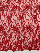Small Flower Bead Fabric - Red - Beaded Flower Fabric with Curled Lines Design By Yard