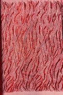 Wavy Design Beaded Fabric - Red - Beaded Wavy Leaf Embroidered Fabric By Yard