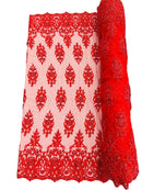 Floral Bead Embroidery Fabric - Red - Damask Floral Bead Bridal Lace Fabric by the yard