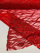 Fire Flames Design Bead Fabric - Red - Beaded Embroidered Fire Pattern Fabric By Yard