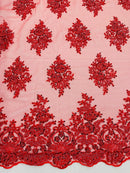 Heavy Beaded Floral Fabric - Red - Luxury Heavy Duty Bead Bridal Floral Cluster Lace Fabric by the yard