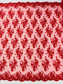 Beaded Flower Sequins Fabric - Red - Embroidered Beaded Floral Clusters Sequins Fabric By Yard