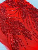 Wavy Leaf Sequins Fabric - Red - Wavy Lines and Leaves Design on Lace Mesh Fabric by Yard