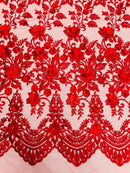 3D Scalloped Border Fabric - Red - 3D Flowers Embroidered on Lace Sold By Yard