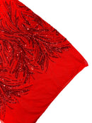 Leaf Design Stretch Sequins - Red - 4 Way Stretch Lace Mesh Sequins Fabric by Yard