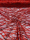 Floral Beaded Wavy Fabric - Red - Beaded Sequins Wavy Embroidered Fabric Sold By Yard