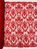 Butterfly Bead Sequins Fabric - Red - Damask Beaded Sequins Lace Fabric by the yard