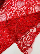 Damask Leaf Bead Fabric - Red - Heavy Beaded Embroidered Sequins Lace Fabric by Yard
