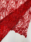 Small Flower Bead Fabric - Red - Beaded Flower Fabric with Curled Lines Design By Yard