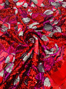 Orchid Design Sequins - Red - 4 Way Stretch Full Sequins Floral Design Mesh Fabric By Yard