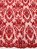 Butterfly Bead Sequins Fabric - Red - Damask Beaded Sequins Lace Fabric by the yard