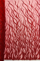 Fire Flames Design Bead Fabric - Red - Beaded Embroidered Fire Pattern Fabric By Yard