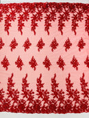 Beaded Rose Flower Fabric - Red - Embroidered Beaded Long Border Floral Fabric By Yard