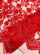 3D Scalloped Border Fabric - Red - 3D Flowers Embroidered on Lace Sold By Yard