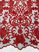 Fancy Damask Lace Fabric - Red on Black - Embroidered Damask Design Mesh on Lace Fabric by Yard