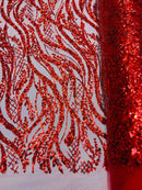 Floral Beaded Wavy Fabric - Red - Beaded Sequins Wavy Embroidered Fabric Sold By Yard