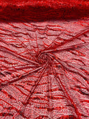 Wavy Design Beaded Fabric - Red - Beaded Wavy Leaf Embroidered Fabric By Yard