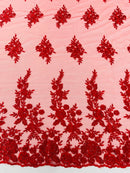 Beaded Rose Flower Fabric - Red - Embroidered Beaded Long Border Floral Fabric By Yard