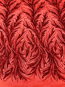 Leaf Design Stretch Sequins - Red - 4 Way Stretch Lace Mesh Sequins Fabric by Yard