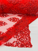 Floral Bead Embroidery Fabric - Red - Damask Floral Bead Bridal Lace Fabric by the yard