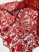 Fancy Damask Lace Fabric - Red on Black - Embroidered Damask Design Mesh on Lace Fabric by Yard