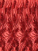 Wavy Leaf Sequins Fabric - Red - Wavy Lines and Leaves Design on Lace Mesh Fabric by Yard