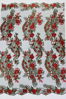 Corded Lace Sequins Fabric - Red on Black - Embroidered Fancy Flower and Fish Design Sold By Yard