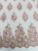 3D Fancy Floral Design Fabric - Rosa Palo - 3D Flower Fabric with Small Beads on Lace Sold By Yard