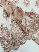 3D Fancy Floral Design Fabric - Rosa Palo - 3D Flower Fabric with Small Beads on Lace Sold By Yard