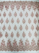 3D Fancy Floral Design Fabric - Rosa Palo - 3D Flower Fabric with Small Beads on Lace Sold By Yard