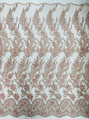 3D Floral Leaf Panels - Rose - Embroidered 3D Flower Lines with Pearls on Lace By Yard