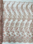 3D Floral Leaf Panels - Rose - Embroidered 3D Flower Lines with Pearls on Lace By Yard