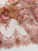 3D Floral Pearl Design - Rose - Floral Embroidered Pearls and Sequins Fabric By Yard