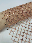 Beaded Diamond Net Fabric - Rose Gold - Embroidered Geometric Beaded Sequins Fabric Sold By Yard