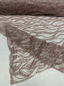 Fire Flames Design Bead Fabric - Rose Gold - Beaded Embroidered Fire Pattern Fabric By Yard