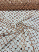 Beaded Diamond Net Fabric - Rose Gold - Embroidered Geometric Beaded Sequins Fabric Sold By Yard