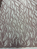 Fire Flames Design Bead Fabric - Rose Gold - Beaded Embroidered Fire Pattern Fabric By Yard
