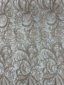 Glitter Palm Leaf Design Fabric - Rose Gold - Tulle Mesh Glitter Leaf Design Fabric Sold By Yard