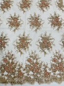 Beaded Flower Cluster Fabric - Rose Gold - Beaded Floral Gaviota Design Embroidered On Mesh Sold By Yard