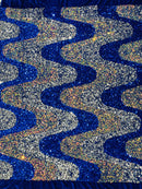 Wavy Line Velvet Sequins - Royal Blue / Silver / Clear Iridescent - Velvet Sequins 2 Way Stretch Fabric 58/60” By Yard