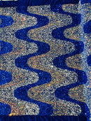 Wavy Line Velvet Sequins - Royal Blue / Silver / Clear Iridescent - Velvet Sequins 2 Way Stretch Fabric 58/60” By Yard