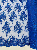 Beaded Flower Sequins Fabric - Royal Blue - Embroidered Beaded Floral Clusters Sequins Fabric By Yard