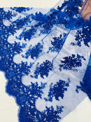Floral Damask Lace Fabric - Royal Blue - Embroidered Damask Flowers on Lace Fabric By Yard